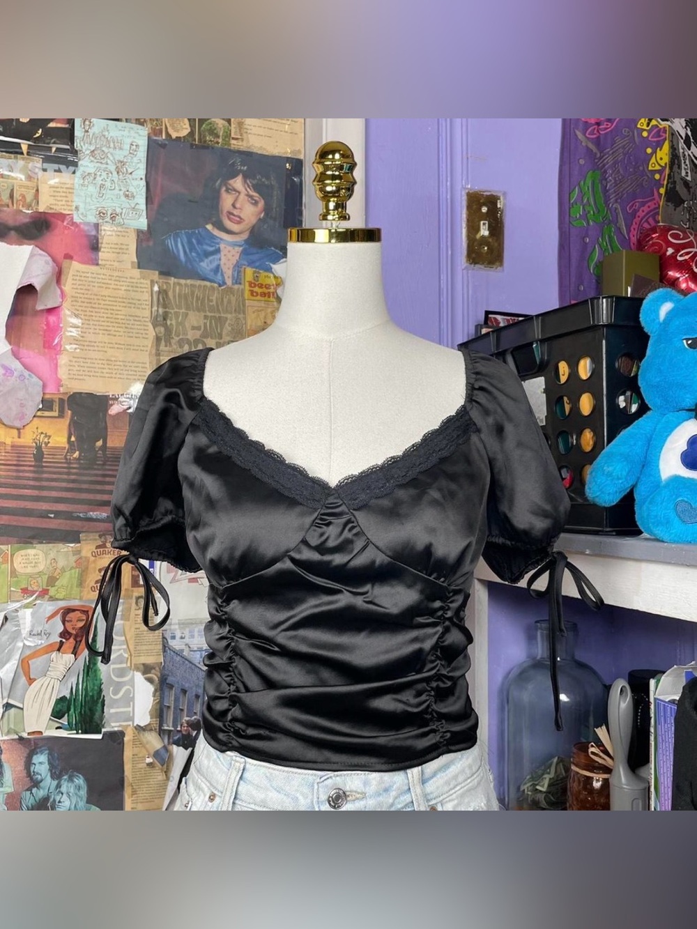 Black Ruched Satin Top